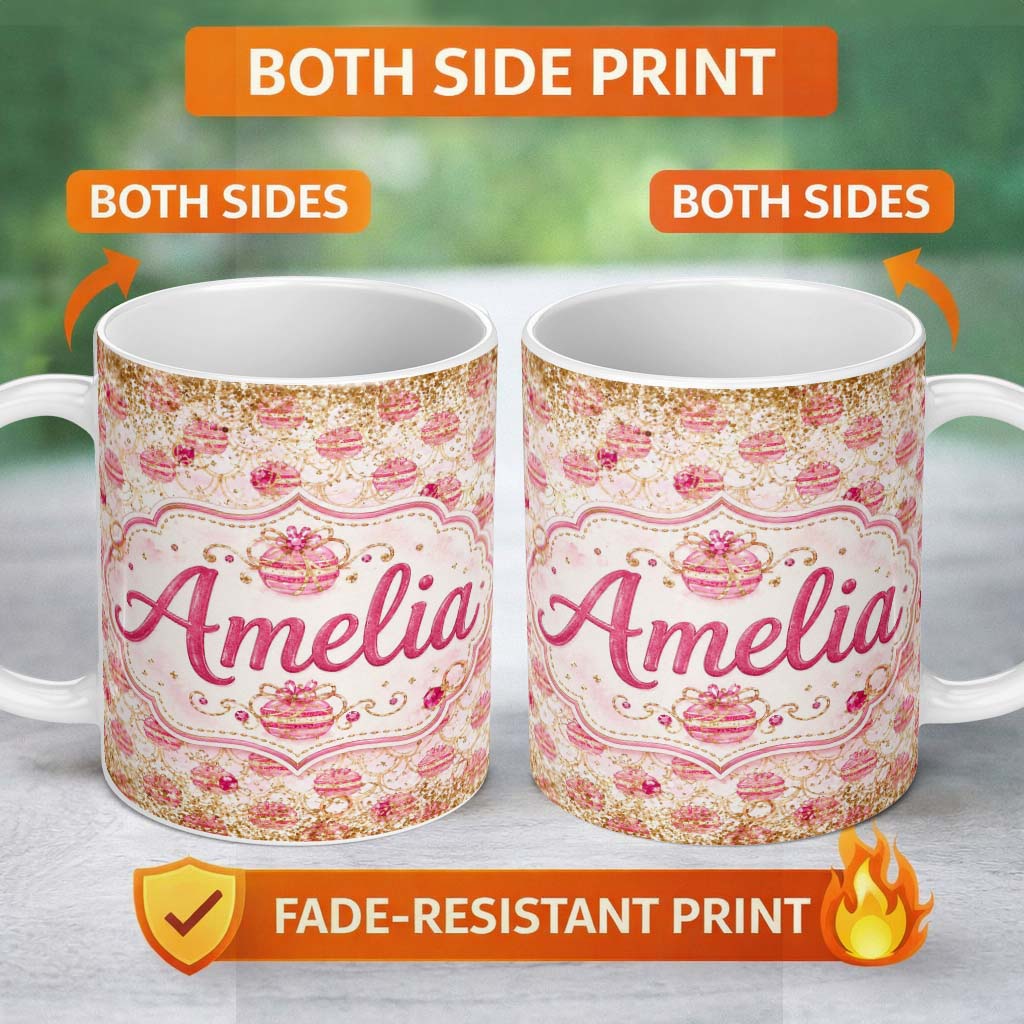 Personalized Custom Name Luxury Gold Pink Christmas Ornaments Glitter Seamless Pattern Lovely 11oz Ceramic Coffee Tea Mug White Large Handle
