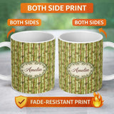 Personalized Custom Name Watercolor Bamboo Forest with Red and Green Stems Natural Seamless 11oz Ceramic Coffee Tea Mug White Large Handle