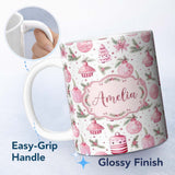 Personalized Custom Name Watercolor Pink Christmas Ornaments Pine Berries Seamless Pattern 11oz Ceramic Coffee Tea Mug White Large Handle