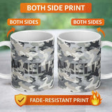 Personalized Custom Name Grey Neutral Camouflage Contemporary Seamless Pattern Lovely 11oz Ceramic Coffee Tea Mug White Large Handle