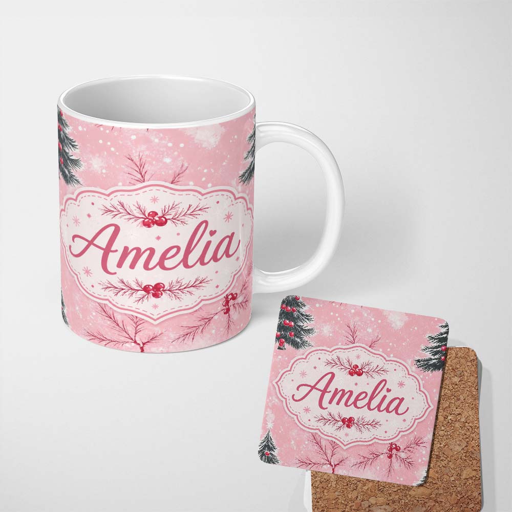 Personalized Custom Name Winter Berry Pine Branch Snow Seamless Pattern Thoughtful Gift Idea 11oz Ceramic Coffee Tea Mug White Large Handle
