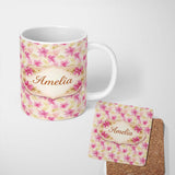 Personalized Custom Name Pink Green Watercolor Leaf Botanical Seamless Pattern Lovely 11oz Ceramic Coffee Tea Mug White Large Handle
