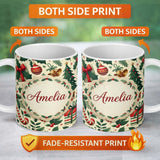 Personalized Custom Name Festive Christmas Stocking Gifts Bells Holly Leaves Seamless Pattern 11oz Ceramic Coffee Tea Mug White Large Handle