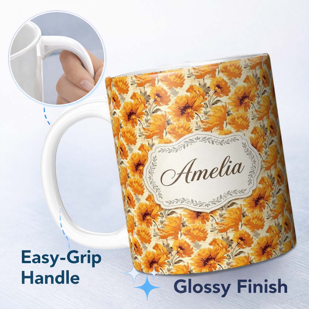Personalized Custom Name Classic Autumn Chrysanthemum Floral Pattern in Orange and Gold Tones 11oz Ceramic Coffee Tea Mug White Large Handle