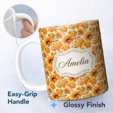 Personalized Custom Name Classic Autumn Chrysanthemum Floral Pattern in Orange and Gold Tones 11oz Ceramic Coffee Tea Mug White Large Handle