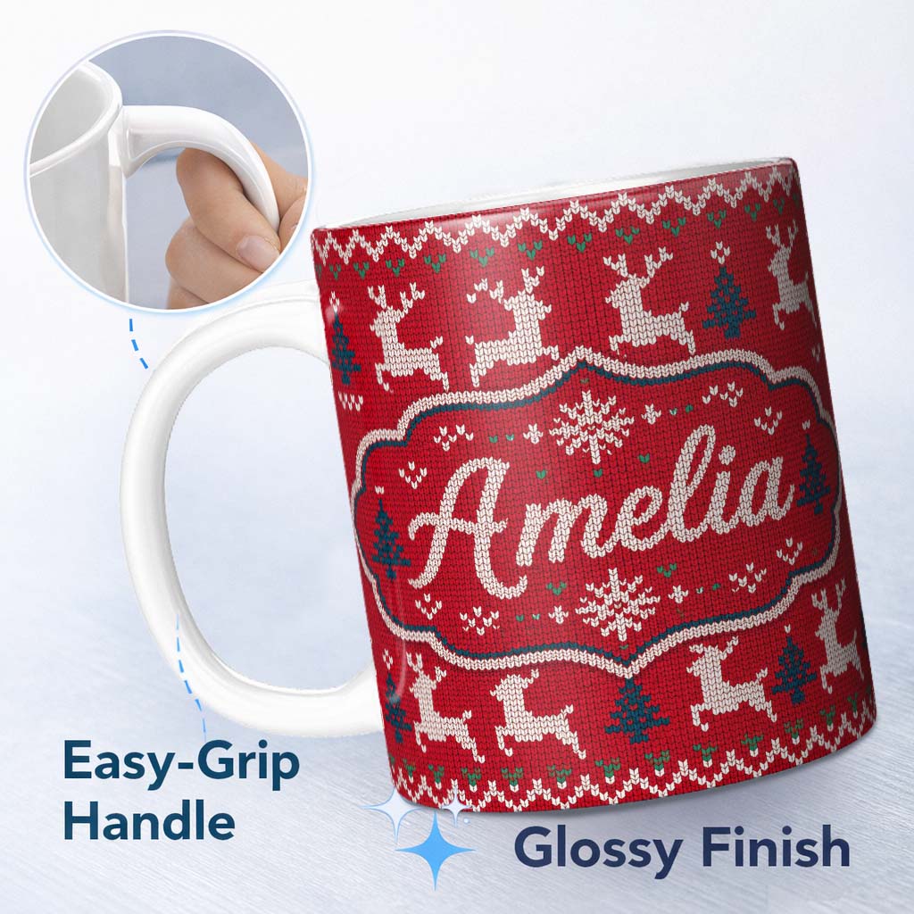 Personalized Custom Name Classic Red Knit Reindeer Snowflake Pattern Christmas Sweater Style 11oz Ceramic Coffee Tea Mug White Large Handle