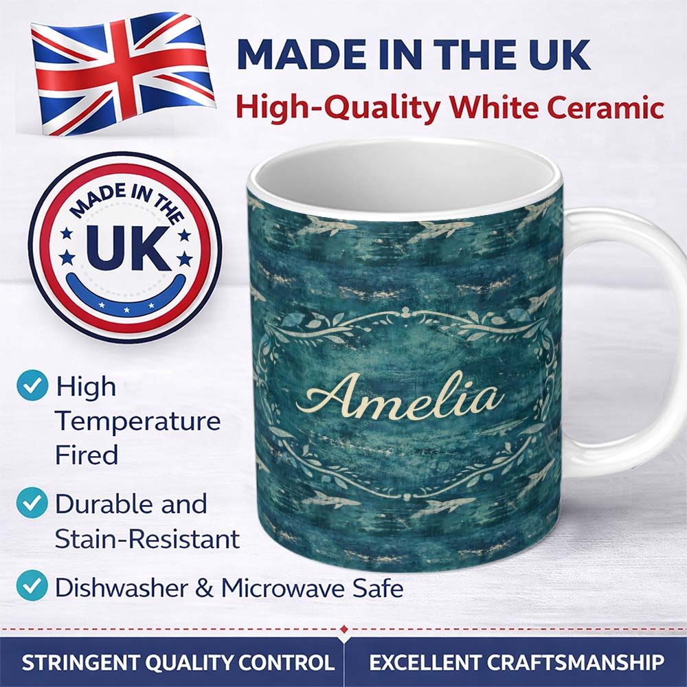 Personalized Custom Name Dark Ocean Whale Seamless Pattern Deep Sea Marine Animal Design 11oz Ceramic Coffee Tea Mug White Large Handle