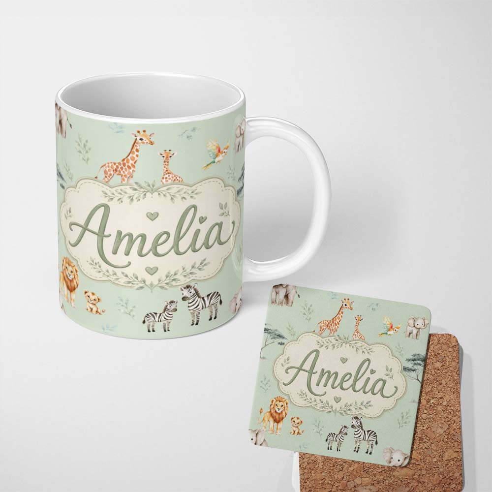 Personalized Custom Name Cute Safari Animals Giraffe Lion Zebra Parrot Pattern Sage Green 11oz Ceramic Coffee Tea Mug White Large Handle