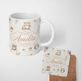 Personalized Custom Name Woodland Owls with Mushrooms Leaves Warm Neutral Seamless Pattern 11oz Ceramic Coffee Tea Mug White Large Handle