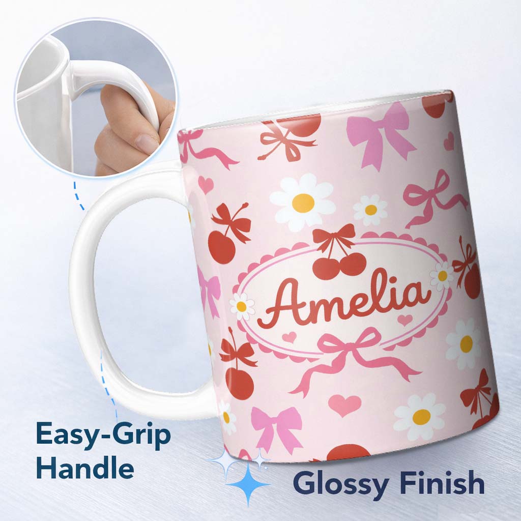 Personalized Custom Name Cute Cherry Bow Daisy Heart Seamless Pattern on Pale Pink Background 11oz Ceramic Coffee Tea Mug White Large Handle