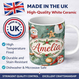 Personalized Custom Name Cute Snowman Gingerbread Baubles Winter Watercolor Seamless Pattern 11oz Ceramic Coffee Tea Mug White Large Handle