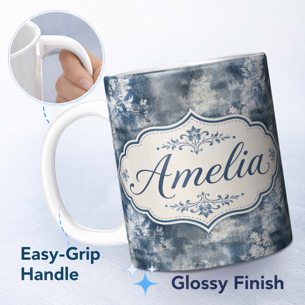 Personalized Custom Name Vintage Blue Watercolour Floral Toile Seamless Pattern with Lovely 11oz Ceramic Coffee Tea Mug White Large Handle