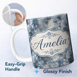 Personalized Custom Name Vintage Blue Watercolour Floral Toile Seamless Pattern with Lovely 11oz Ceramic Coffee Tea Mug White Large Handle