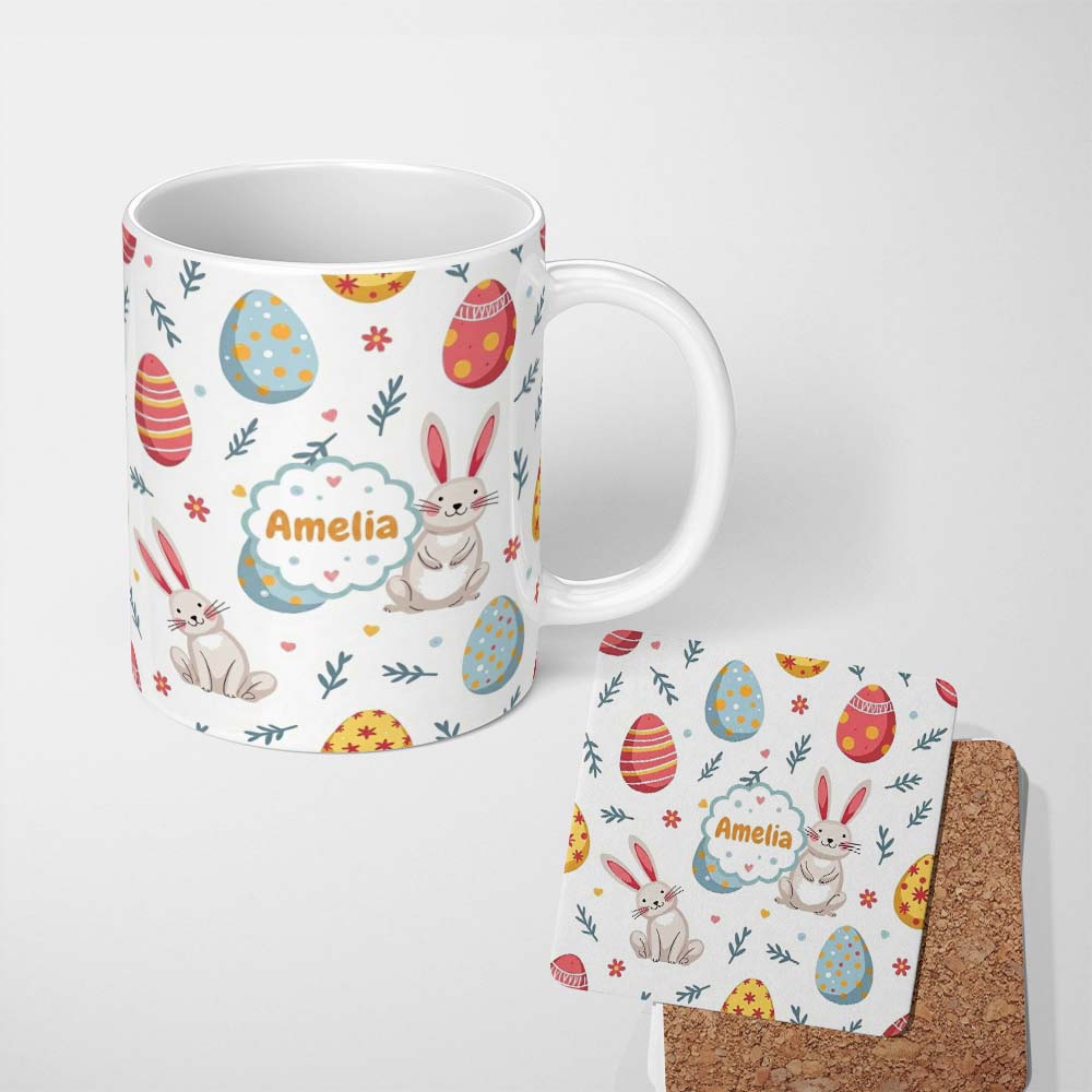 Personalized Custom Name Cute Easter Bunnies Eggs Spring Floral Seamless Pattern Lovely 11oz Ceramic Coffee Tea Mug White Large Handle