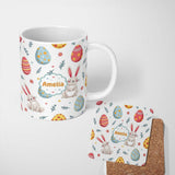 Personalized Custom Name Cute Easter Bunnies Eggs Spring Floral Seamless Pattern Lovely 11oz Ceramic Coffee Tea Mug White Large Handle