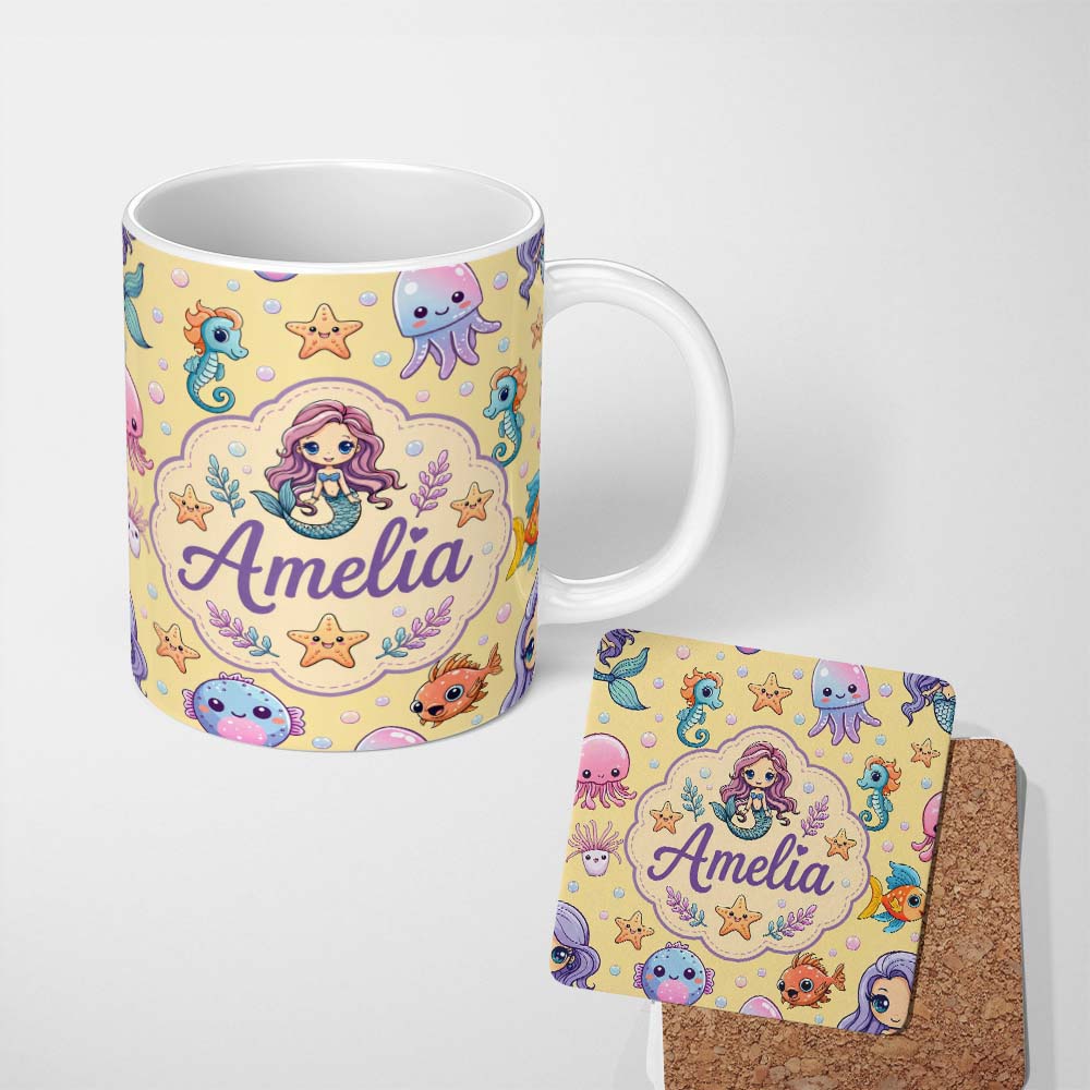 Personalized Custom Name Kawaii Mermaid and Sea Creatures Ocean Warm Beige Background Lovely 11oz Ceramic Coffee Tea Mug White Large Handle