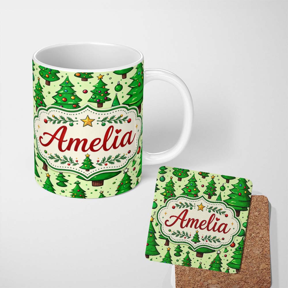 Personalized Custom Name Cartoon Style Christmas Trees with Ornaments and Stars Cute Seamless 11oz Ceramic Coffee Tea Mug White Large Handle