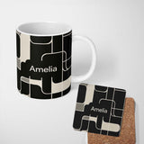 Personalized Custom Name Contemporary Line Grid Black Cream Abstract Outline Pattern Lovely 11oz Ceramic Coffee Tea Mug White Large Handle