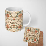 Personalized Custom Name Vintage Tile Style Floral Motif Soft Neutral Seamless Pattern Lovely 11oz Ceramic Coffee Tea Mug White Large Handle