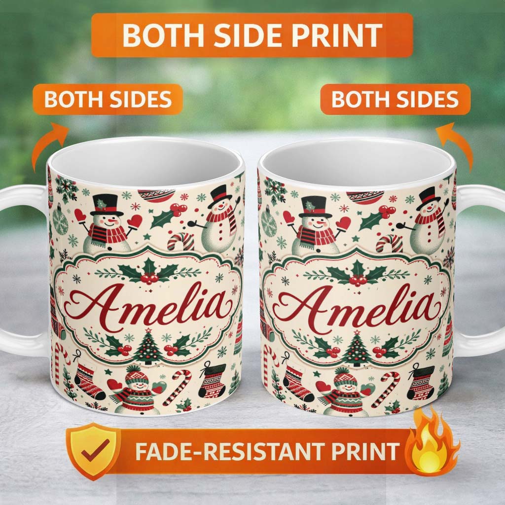 Personalized Custom Name Cute Snowman Candy Cane Trees Seamless Pattern Festive Holiday 11oz Ceramic Coffee Tea Mug White Large Handle