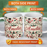 Personalized Custom Name Cute Snowman Candy Cane Trees Seamless Pattern Festive Holiday 11oz Ceramic Coffee Tea Mug White Large Handle