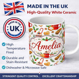 Personalized Custom Name Christmas Mug Cookies Candy Cane Cinnamon Seamless Pattern Lovely 11oz Ceramic Coffee Tea Mug White Large Handle