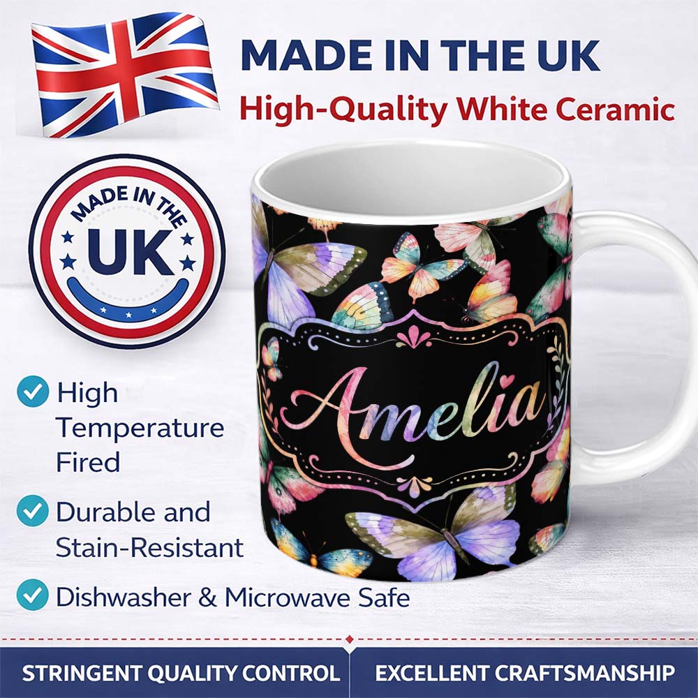 Personalized Custom Name Colorful Watercolor Butterflies on Black Background Seamless 11oz Ceramic Coffee Tea Mug White Large Handle