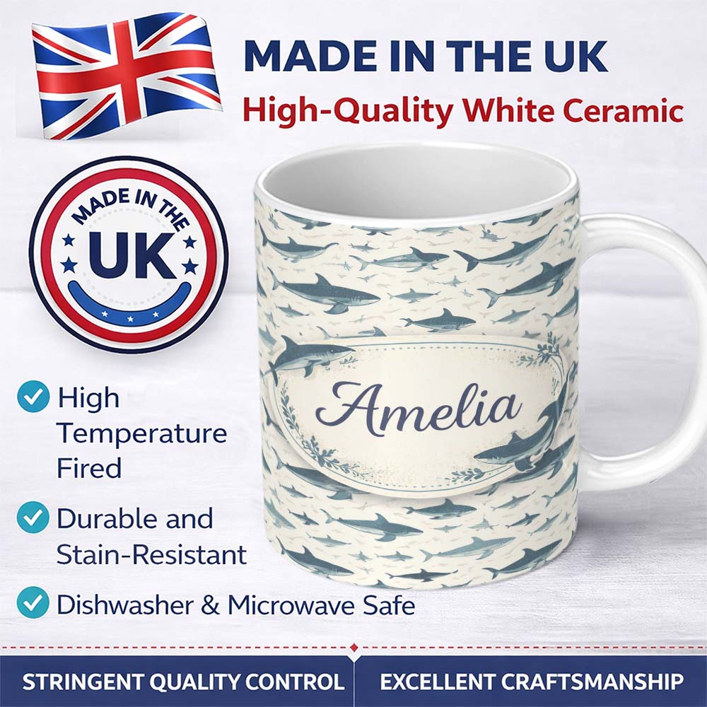 Personalized Custom Name Blue Ocean Whale Seamless Pattern Minimal Marine Animal Design 11oz Ceramic Coffee Tea Mug White Large Handle