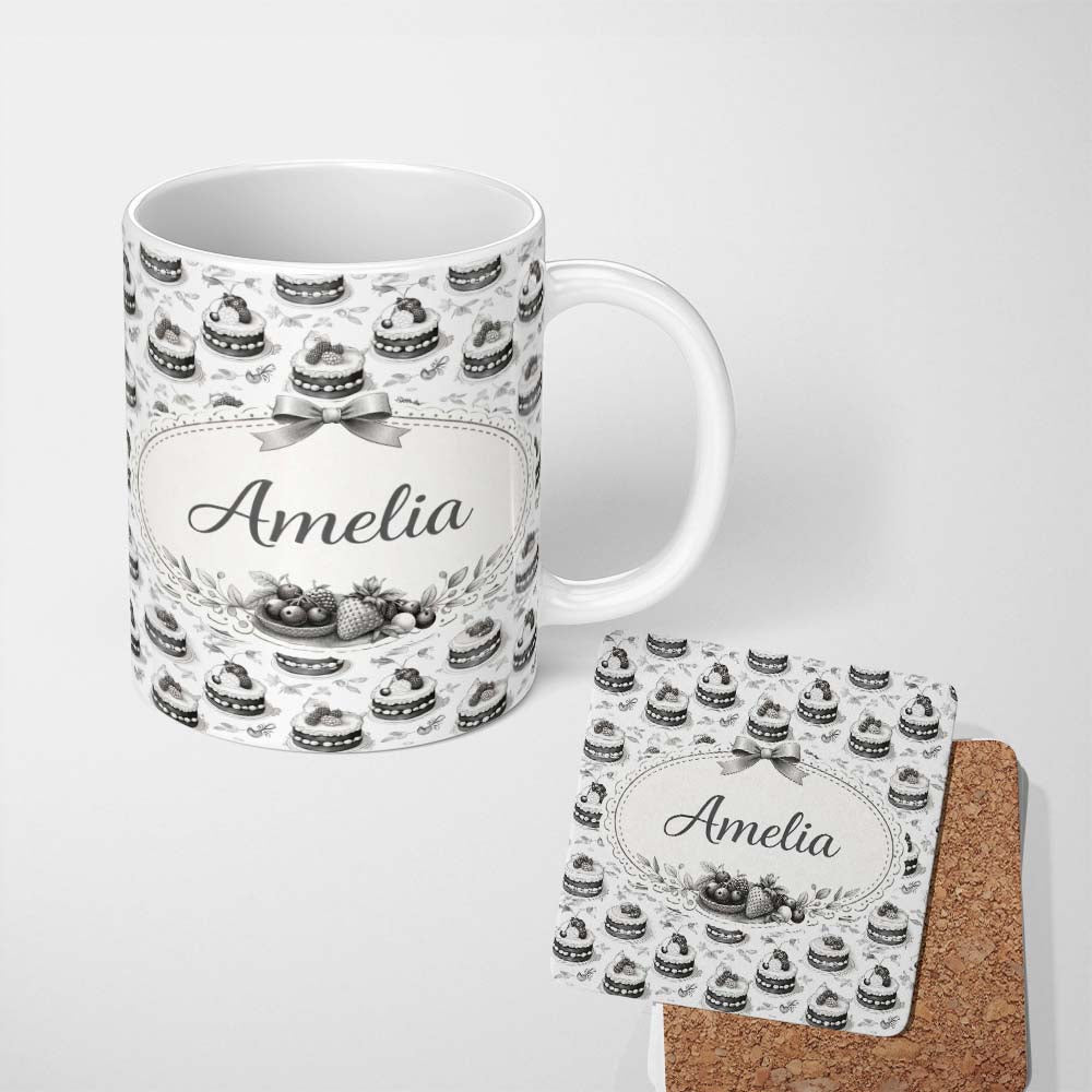 Personalized Custom Name Black White Cake Seamless Pattern Minimal Dessert Food Illustration 11oz Ceramic Coffee Tea Mug White Large Handle