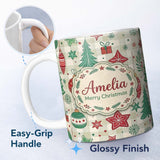 Personalized Custom Name Christmas Ornaments Trees Snowflakes Checkered Festive Seamless 11oz Ceramic Coffee Tea Mug White Large Handle