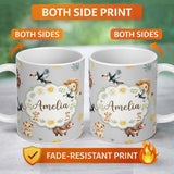 Personalized Custom Name Jungle Animals Lion Meerkat Toucan Boar on Grey Seamless Pattern 11oz Ceramic Coffee Tea Mug White Large Handle