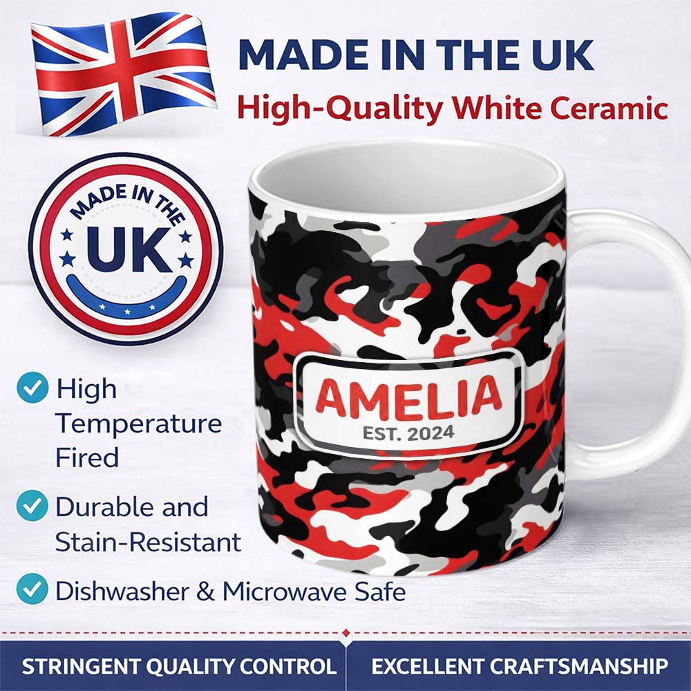 Personalized Custom Name Red Black White Camouflage Bold Graphic Seamless Pattern Lovely 11oz Ceramic Coffee Tea Mug White Large Handle