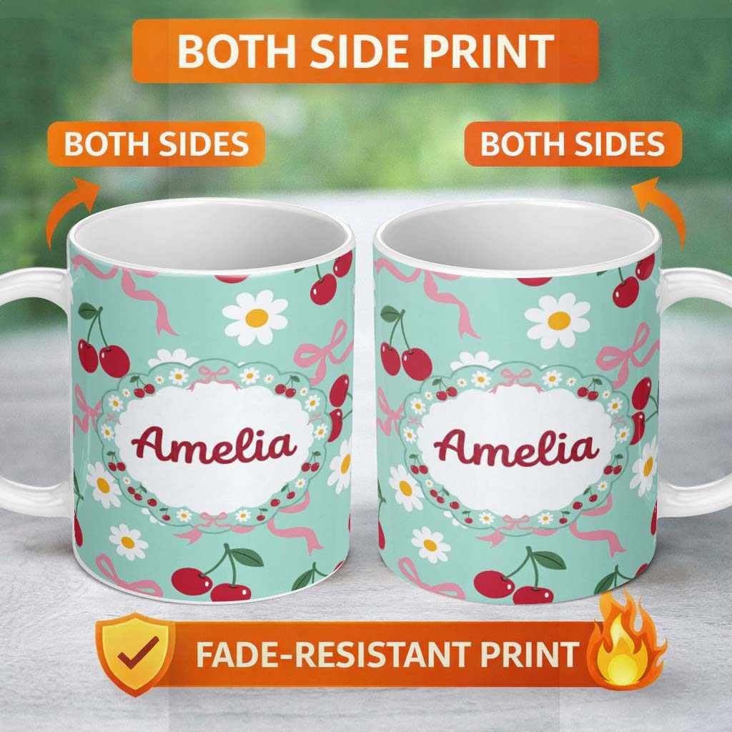 Personalized Custom Name Cute Cherry and Daisy Flowers with Pink Ribbon Bows Pattern Teal 11oz Ceramic Coffee Tea Mug White Large Handle