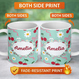 Personalized Custom Name Cute Cherry and Daisy Flowers with Pink Ribbon Bows Pattern Teal 11oz Ceramic Coffee Tea Mug White Large Handle