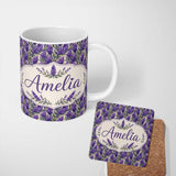 Personalized Custom Name Bold Purple Lavender Floral Seamless Pattern with Dense Botanical 11oz Ceramic Coffee Tea Mug White Large Handle