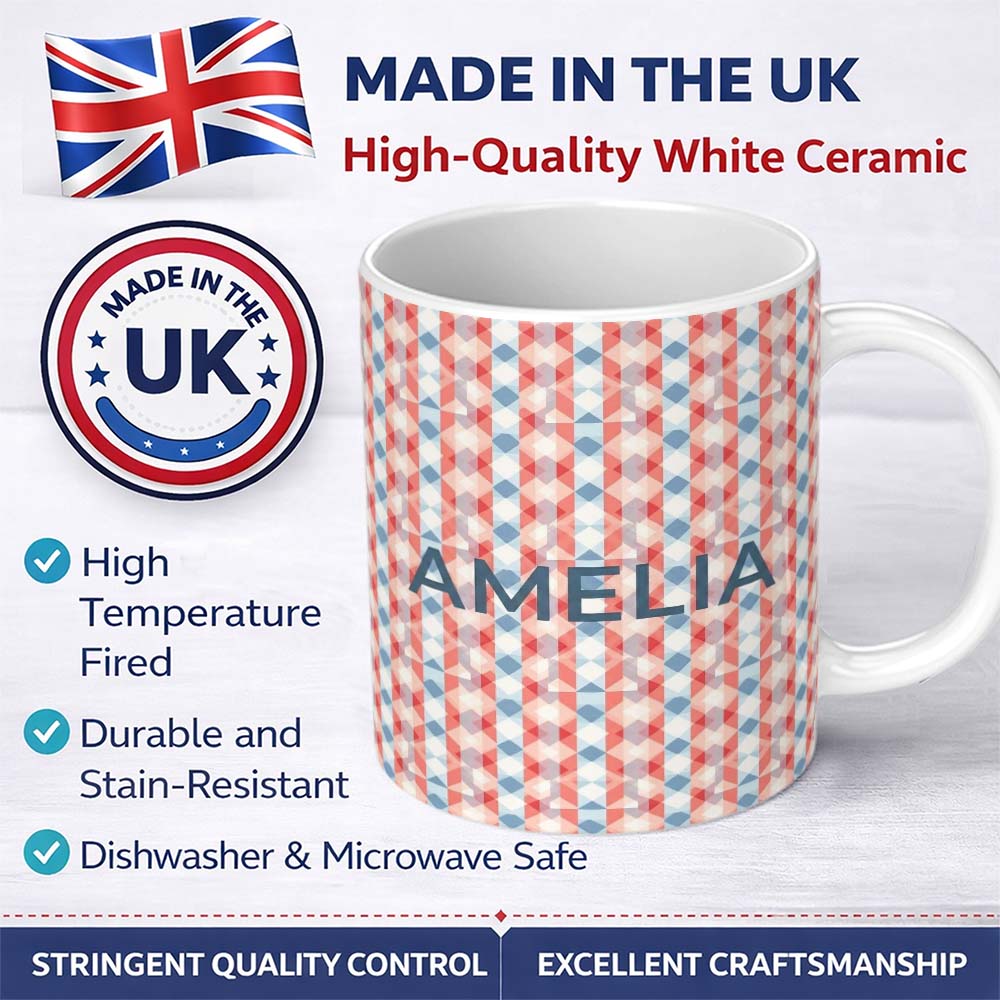 Personalized Custom Name Soft Geometric Diamond Abstract Pattern in Red and Blue Seamless 11oz Ceramic Coffee Tea Mug White Large Handle