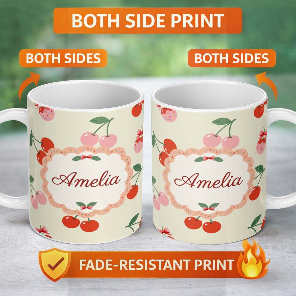 Personalized Custom Name Cute Cherry Fruit with Bow and Sprinkles Pattern Light Olive Lovely 11oz Ceramic Coffee Tea Mug White Large Handle