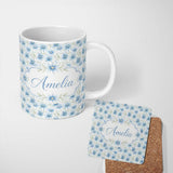 Personalized Custom Name Light Blue Daisy Style Floral Seamless Pattern Thoughtful Gift Idea 11oz Ceramic Coffee Tea Mug White Large Handle