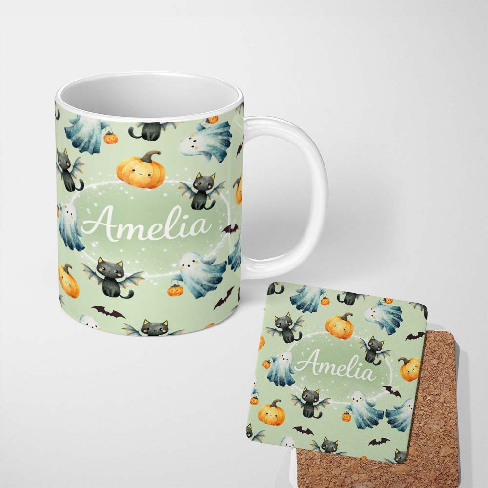 Personalized Custom Name Halloween Ghost Pumpkin Cat Seamless Pattern Sage Cute Spooky Design 11oz Ceramic Coffee Tea Mug White Large Handle
