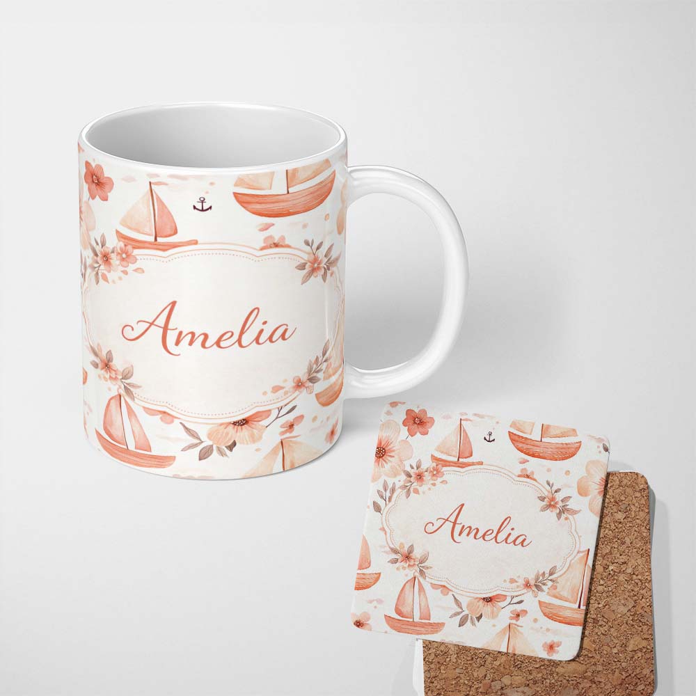 Personalized Custom Name Nautical Sailboat Floral Coastal Pattern Seamless Watercolour Design 11oz Ceramic Coffee Tea Mug White Large Handle