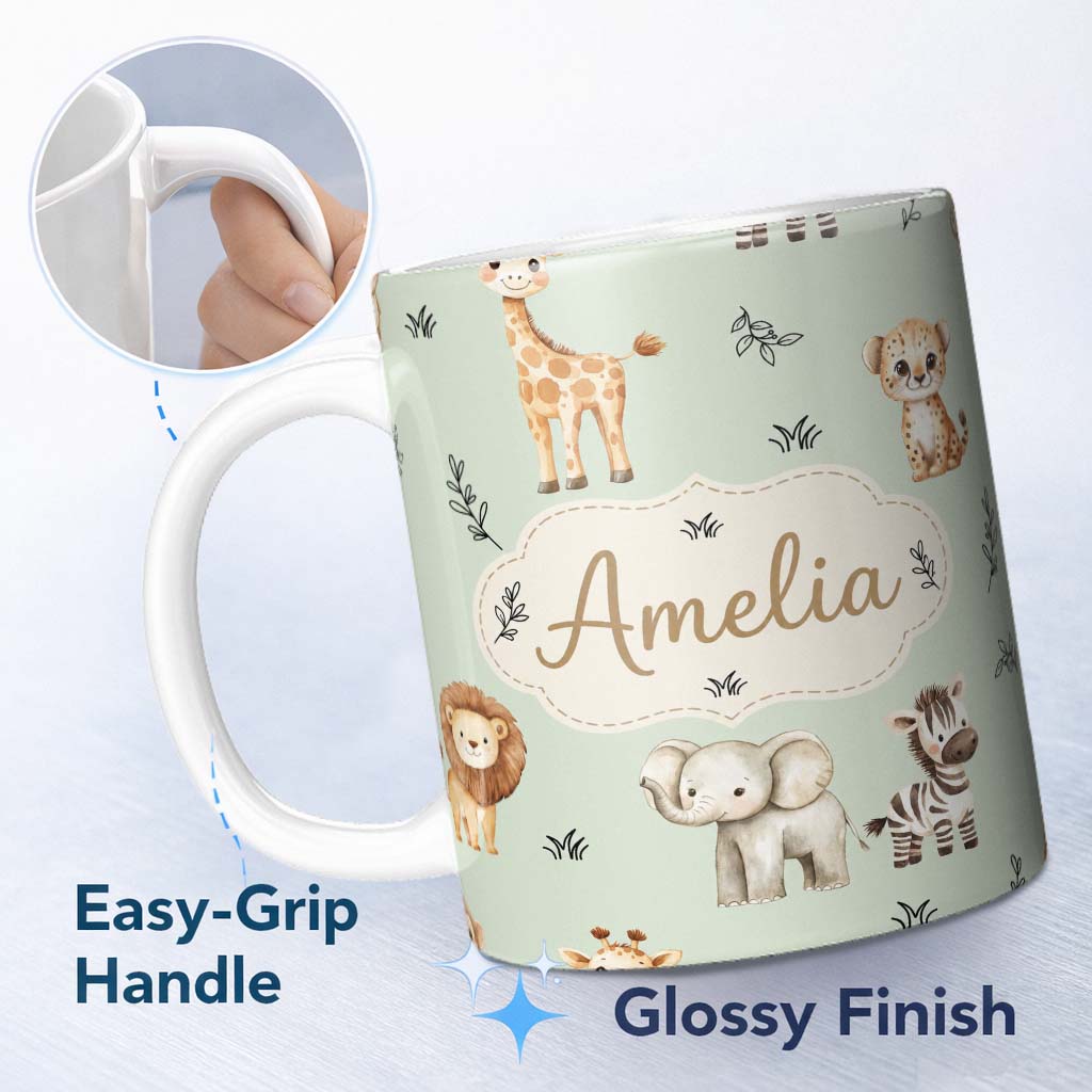 Personalized Custom Name Safari Animals with Elephant Lion and Leopard Cub Soft Sage Green 11oz Ceramic Coffee Tea Mug White Large Handle