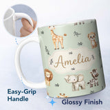 Personalized Custom Name Safari Animals with Elephant Lion and Leopard Cub Soft Sage Green 11oz Ceramic Coffee Tea Mug White Large Handle