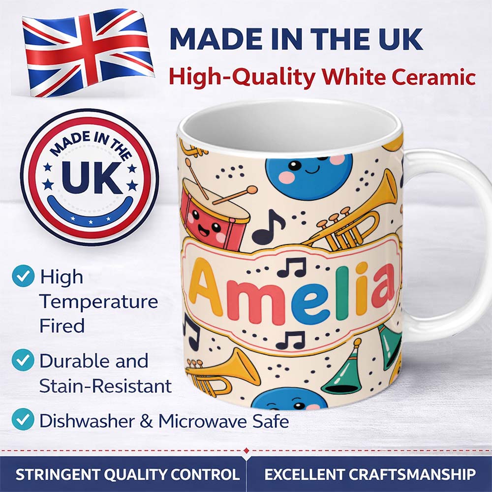 Personalized Custom Name Cute Musical Instruments Notes Cartoon Fun Seamless Pattern 11oz Ceramic Coffee Tea Mug White Large Handle