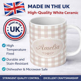 Personalized Custom Name Neutral Beige And White Gingham Check Seamless Pattern Classic 11oz Ceramic Coffee Tea Mug White Large Handle