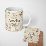 Personalized Custom Name Woodland Animals Koala Kangaroo Bear Floral Sage Green Seamless 11oz Ceramic Coffee Tea Mug White Large Handle