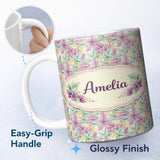 Personalized Custom Name Light Pastel Botanical Leaves Elegant Seamless Pattern Lovely 11oz Ceramic Coffee Tea Mug White Large Handle