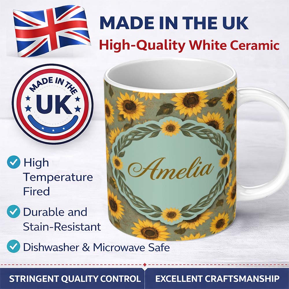 Personalized Custom Name Golden Sunflower Floral on Textured Blue Background Seamless Pattern 11oz Ceramic Coffee Tea Mug White Large Handle