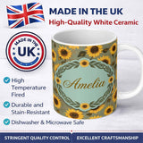 Personalized Custom Name Golden Sunflower Floral on Textured Blue Background Seamless Pattern 11oz Ceramic Coffee Tea Mug White Large Handle