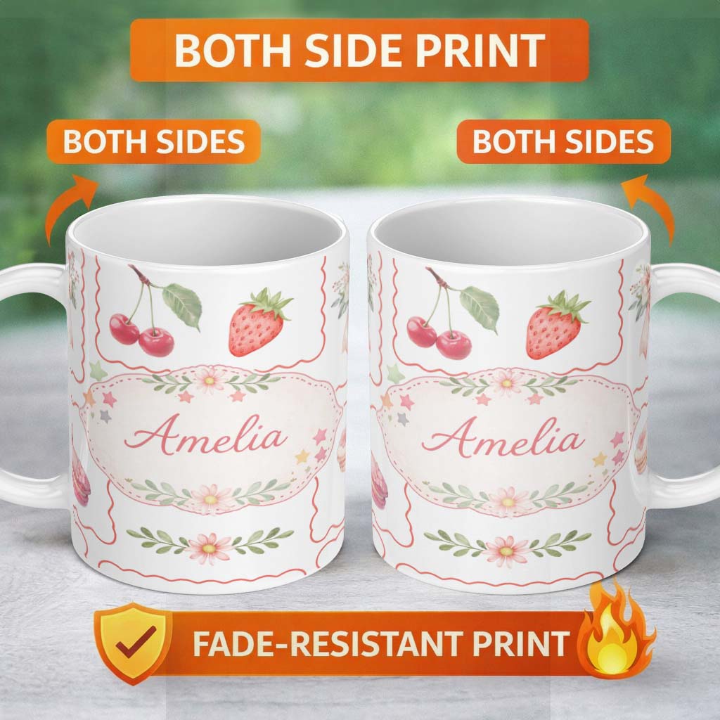 Personalized Custom Name Strawberry Cherry Bow Seamless Pattern Coral Frame Cute Coquette 11oz Ceramic Coffee Tea Mug White Large Handle