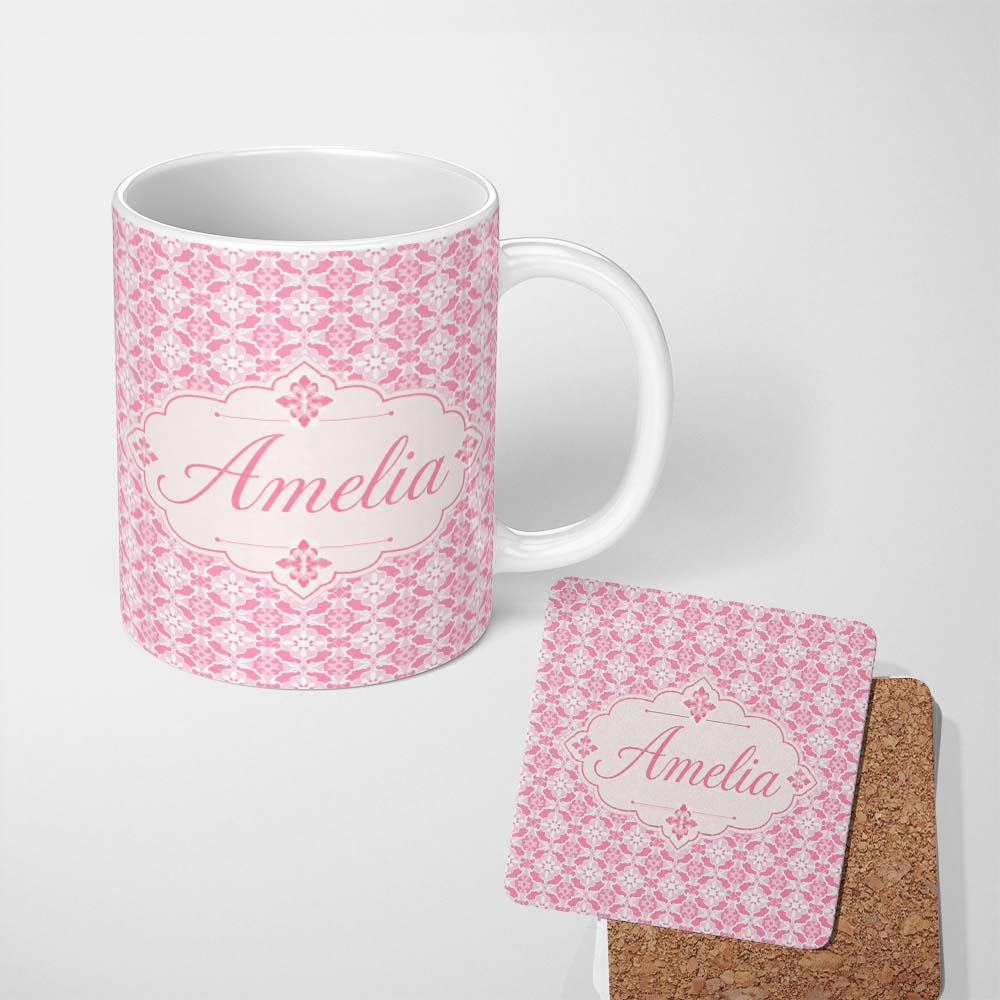 Personalized Custom Name Geometric Floral Tile in Soft Pink and White Symmetrical Design 11oz Ceramic Coffee Tea Mug White Large Handle